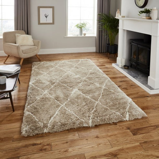 Luxurious Beige & Cream Diamond Shaggy Rug – Soft & Plush Pile – Multiple Sizes