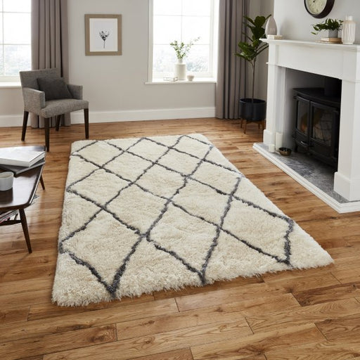 Luxurious Ivory & Grey Shaggy Diamond Area Rug – Plush Comfort & Geometric Design – Multiple Sizes