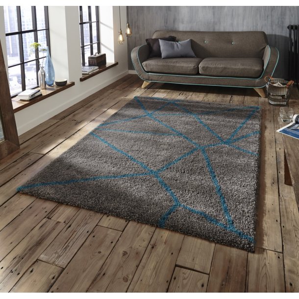 Elegant Grey & Blue Abstract Line Shaggy Rug – Soft High-Pile Comfort – Multiple Sizes