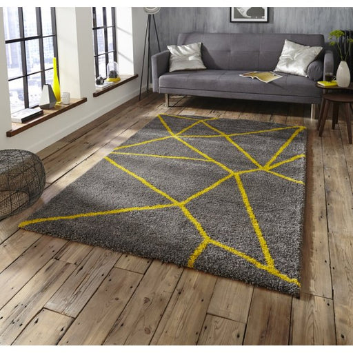 Modern Grey & Yellow Geometric Shaggy Rug – Soft High-Pile Texture – Multiple Sizes