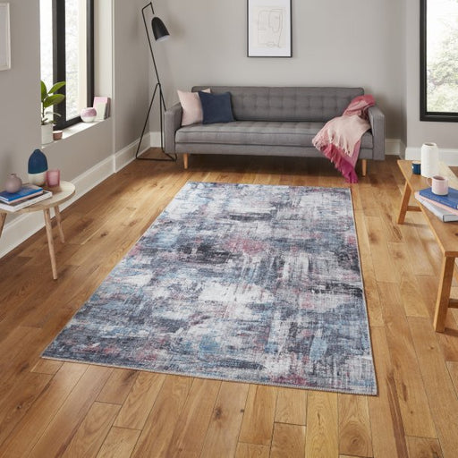 Artistic Pink & Blue Abstract Pattern Rug – Contemporary Distressed Design – Multiple Sizes