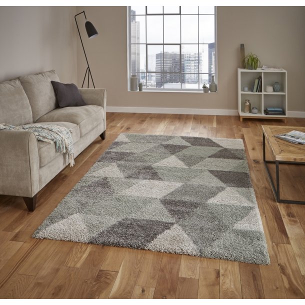 Modern Grey & Aqua Green Geometric Shaggy Rug – Soft Polypropylene Blend – Multiple Sizes