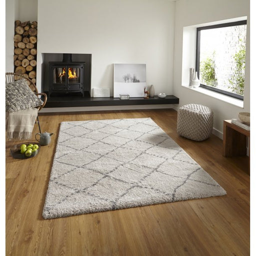 Plush Cream & Grey Diamond Shaggy Rug – Cozy Modern Design – Multiple Sizes