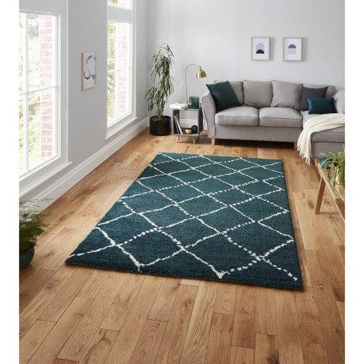  Elegant Teal & Cream Diamond Lattice Shaggy Rug – Soft High-Pile Comfort – Multiple Sizes