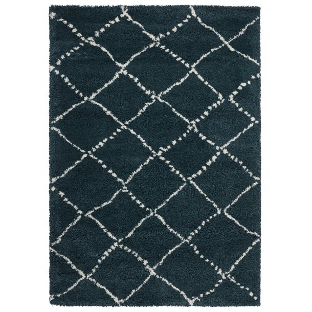  Elegant Teal & Cream Diamond Lattice Shaggy Rug – Soft High-Pile Comfort – Multiple Sizes