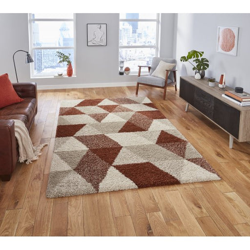 Bold Beige & Rust Geometric Shaggy Rug – Modern 3D Design – Multiple Sizes