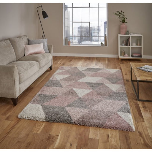 Modern Soft Rose & Cream Geometric Pattern Rug – Textured Design – Multiple Sizes