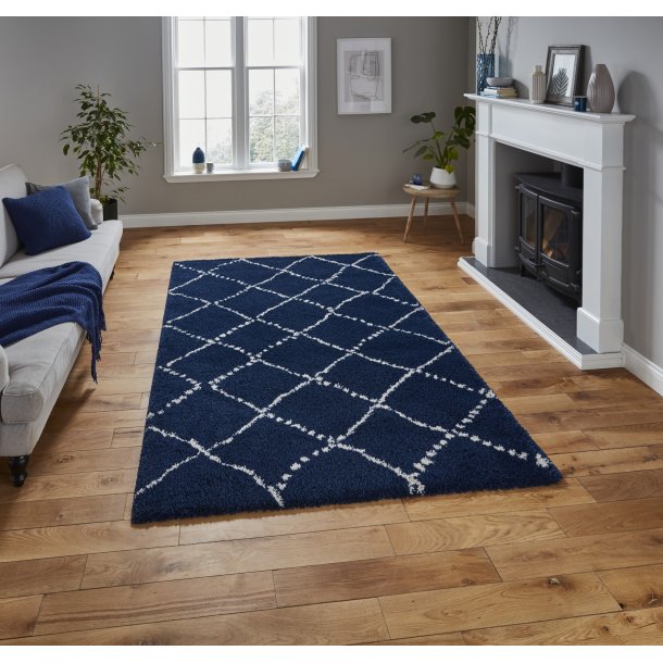 Elegant Navy Blue Lattice Pattern Area Rug – Soft Polypropylene Blend – Multiple Sizes Available