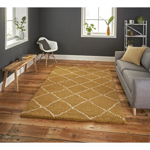 Modern Yellow Diamond Pattern Rug – Luxurious Shag Pile with Geometric Design – Multiple Sizes