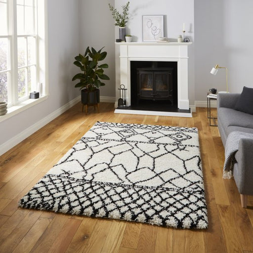 Bold Black & White Geometric Shaggy Rug - Modern Boho Design - Multiple Sizes