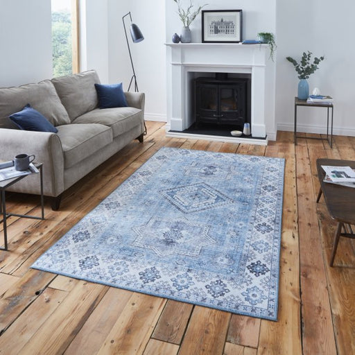 Elegant Light Blue Distressed Vintage-Style Rug – Intricate Traditional Design – Multiple Sizes