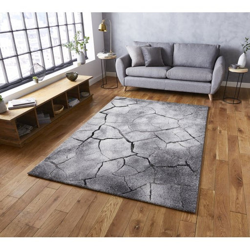  Modern Grey Cracked Earth Pattern Rug – High-Density Polypropylene Blend – Multiple Sizes