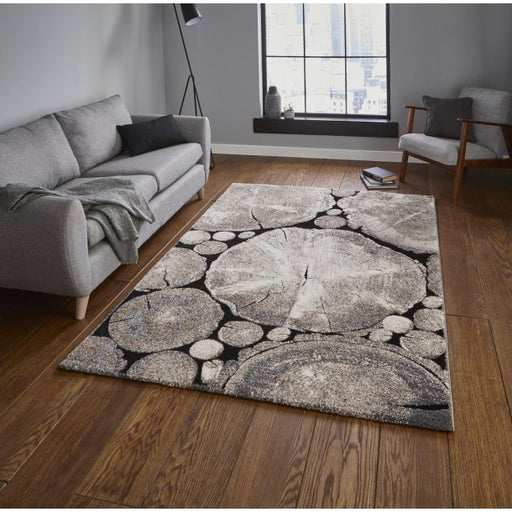 Elegant Beige & Black Tree Log Pattern Rug – Nature-Inspired Design, High-Pile Texture – Multiple Sizes