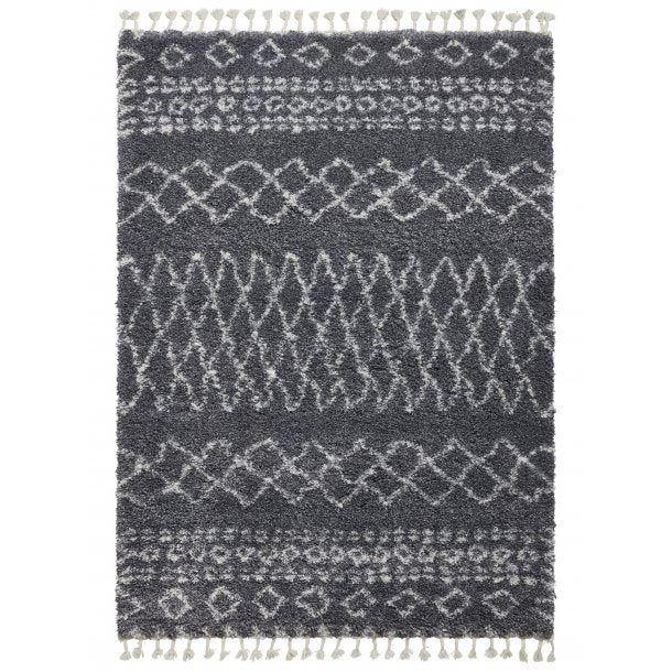 Elegant Grey & Ivory Tribal Pattern Shaggy Rug with Tassels – Multiple Sizes