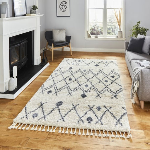 Elegant Ivory & Grey Moroccan Shaggy Rug with Tassel Accents – Multiple Sizes