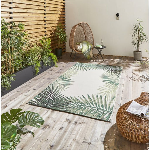 Stunning Light Beige & Green Tropical Leaf Outdoor Rug – Durable Polypropylene & Polyester – Multiple Sizes