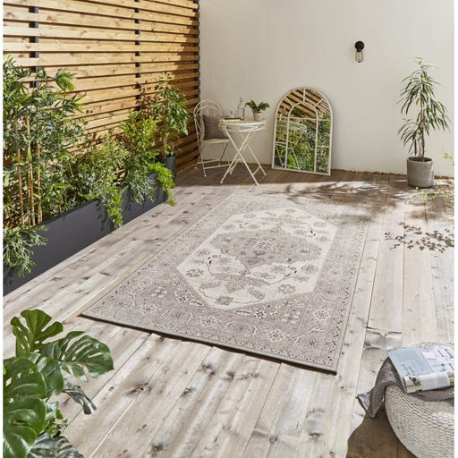 Classic Grey & Beige Floral Outdoor Rug – Weather-Resistant Polypropylene & Polyester – Multiple Sizes