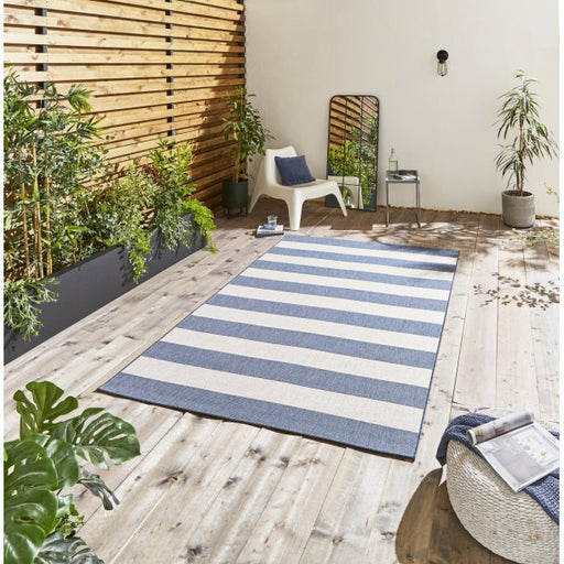 Lounge Outdoor Rug, Striped, Blue & Light Beige ( 3 Sizes )