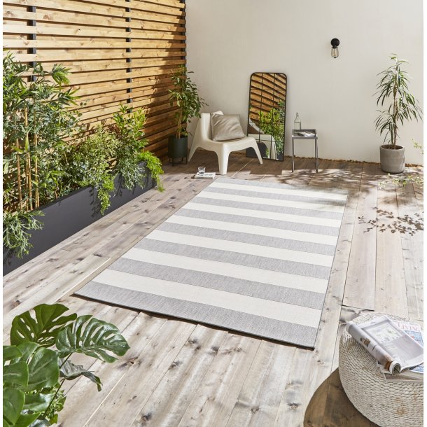 Stylish Grey & Light Beige Outdoor Striped Area Rug – Multiple Sizes