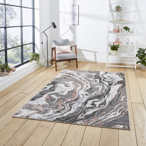 Luxurious Grey & Rose Swirl Pattern Wool Area Rug – Abstract Marbled Design - Multiple Sizes