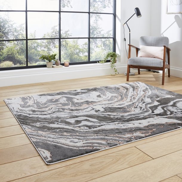 Luxurious Grey & Rose Swirl Pattern Wool Area Rug – Abstract Marbled Design - Multiple Sizes