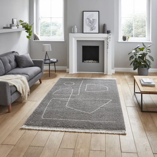 Contemporary Grey & Cream Area Rug with Abstract Line Design – Multiple Sizes