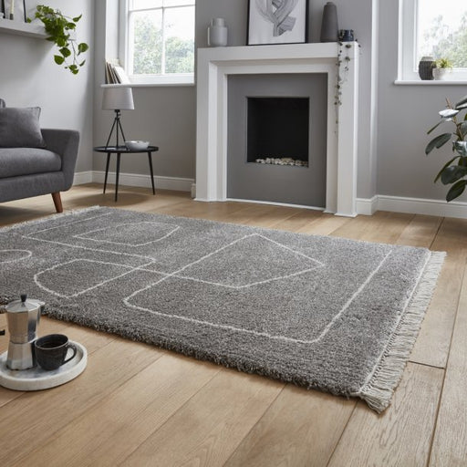 Contemporary Grey & Cream Area Rug with Abstract Line Design – Multiple Sizes