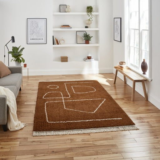 Modern Geometric Rust Shaggy Area Rug with Fringe – Multiple Sizes 