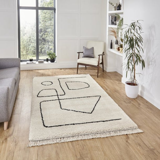 Modern White & Black Geometric Line Area Rug – Scandinavian Minimalist Design - Multiple Sizes