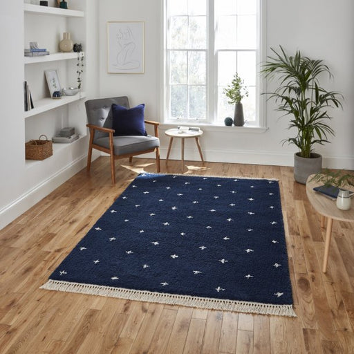 Sophisticated Navy Area Rug with Subtle Star Pattern and Tassel Edge – Multiple Sizes