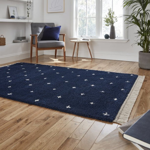 Sophisticated Navy Area Rug with Subtle Star Pattern and Tassel Edge – Multiple Sizes