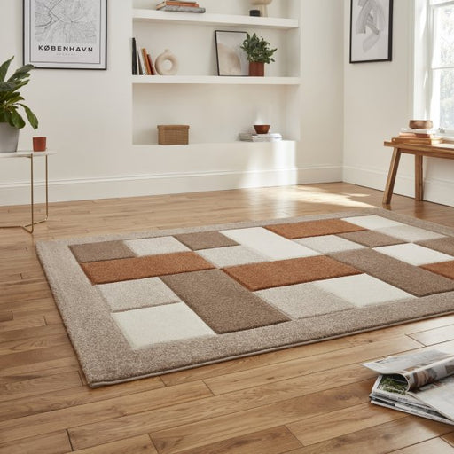 Chic Beige & Terra Checkered Block Pattern Rug – Soft Polypropylene Blend – Multiple Sizes