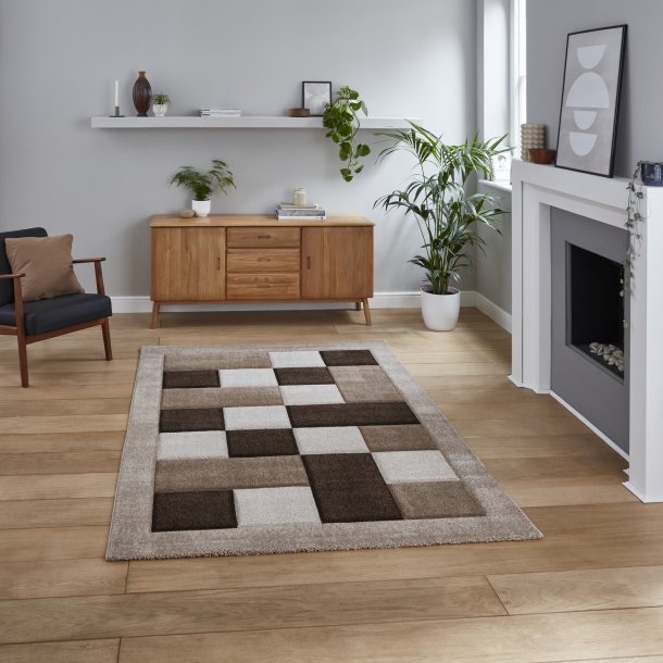  Elegant Beige & Brown Checkered Block Pattern Rug – Soft Polypropylene Blend – Multiple Sizes