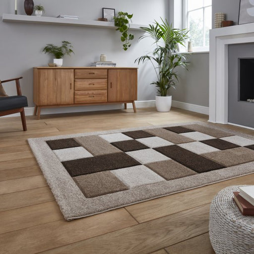  Elegant Beige & Brown Checkered Block Pattern Rug – Soft Polypropylene Blend – Multiple Sizes