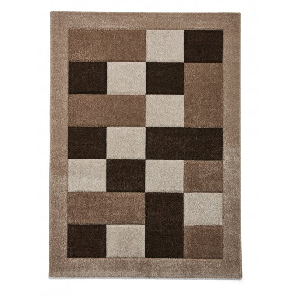 Elegant Beige & Brown Checkered Block Pattern Rug – Soft Polypropylene Blend – Multiple Sizes