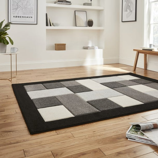 Classic Black & Grey Checkered Block Pattern Rug – Soft Polypropylene Blend – Multiple Sizes