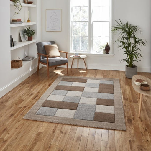 Vintage Beige & Grey Checkered Block Pattern Rug – Soft Polypropylene Blend – Multiple Sizes