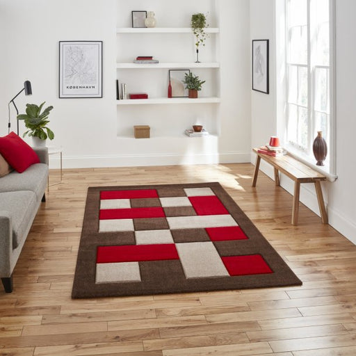 Striking Brown & Red Checkered Block Pattern Rug – Soft Polypropylene Blend – Multiple Sizes