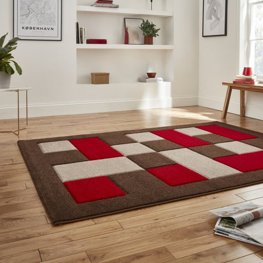 Striking Brown & Red Checkered Block Pattern Rug – Soft Polypropylene Blend – Multiple Sizes