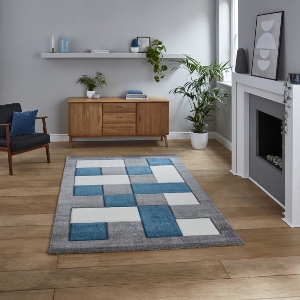 Stylish Grey & Blue Checkered Block Pattern Rug – Soft Polypropylene Blend – Multiple Sizes