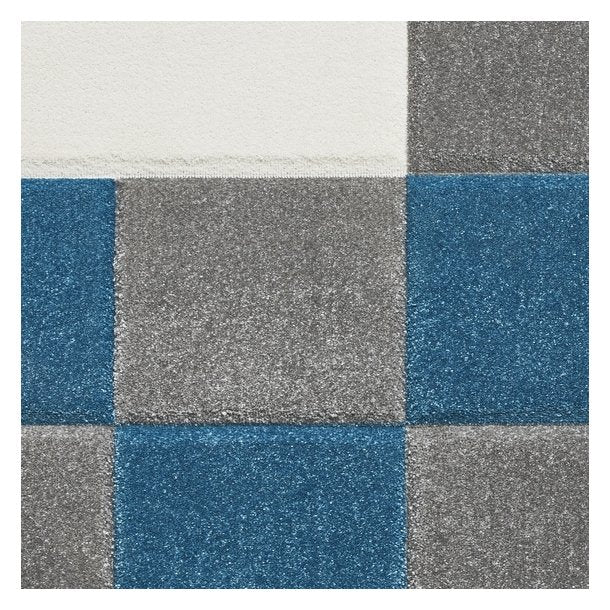 Stylish Grey & Blue Checkered Block Pattern Rug – Soft Polypropylene Blend – Multiple Sizes