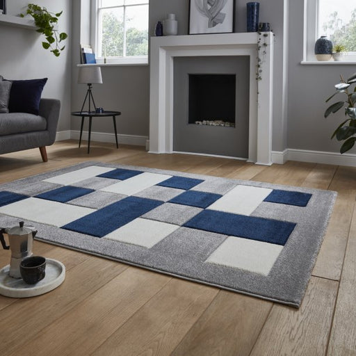 Modern Grey & Navy Checkered Block Pattern Rug – Premium Polypropylene Blend – Multiple Sizes