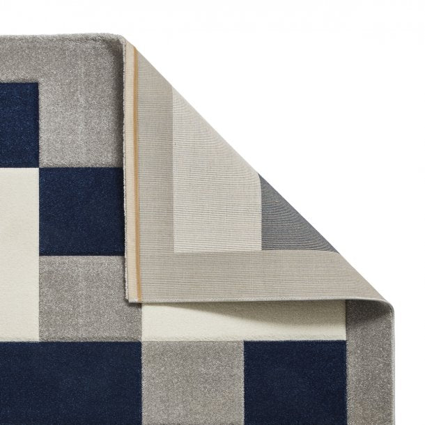 Modern Grey & Navy Checkered Block Pattern Rug – Premium Polypropylene Blend – Multiple Sizes