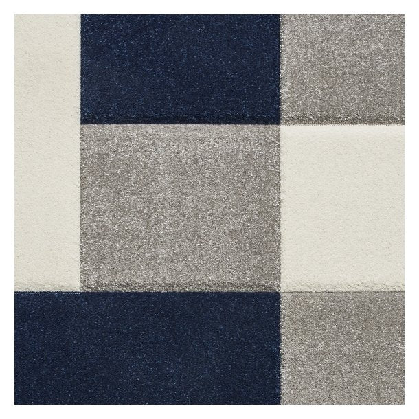 Modern Grey & Navy Checkered Block Pattern Rug – Premium Polypropylene Blend – Multiple Sizes