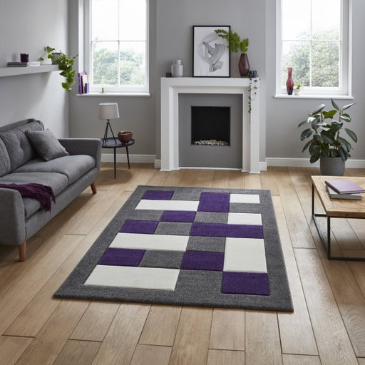 Bold Grey & Purple Checkered Block Pattern Rug – Durable Polypropylene Blend – Multiple Sizes