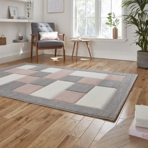 Elegant Grey & Rose Checkered Block Pattern Rug – Soft Polypropylene Blend – Multiple Sizes