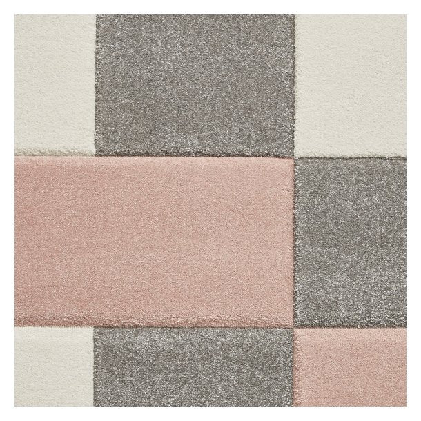 Elegant Grey & Rose Checkered Block Pattern Rug – Soft Polypropylene Blend – Multiple Sizes