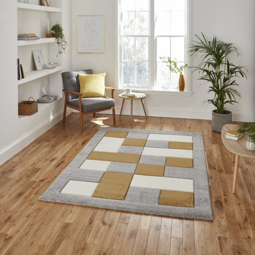 Contemporary Grey & Yellow Geometric Area Rug – Stylish Block Pattern – Multiple Sizes