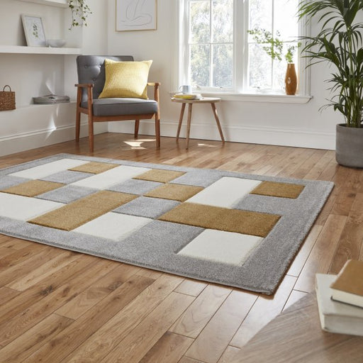 Contemporary Grey & Yellow Geometric Area Rug – Stylish Block Pattern – Multiple Sizes