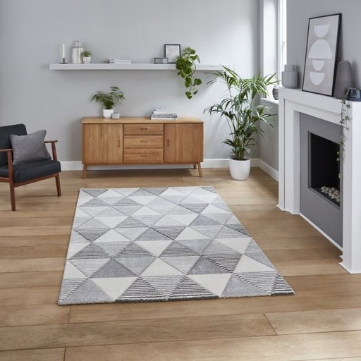 Contemporary Grey & Beige Geometric Triangular Pattern Rug – Modern Design, Multiple Sizes